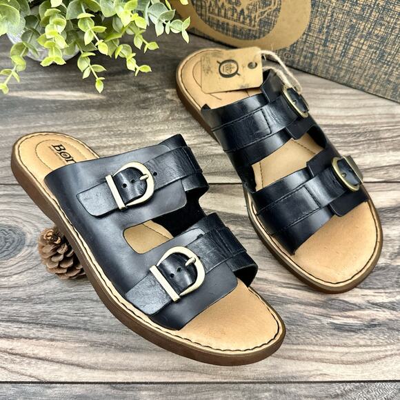 NIB Born Henna 7M Comfort Black Leather Slide Sandals - Picture 1 of 11